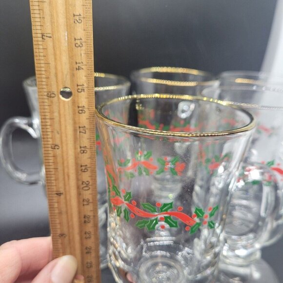 VTG Libbey Christmas Holly Berry Irish Coffee Mugs Glass footed Gold rim - Picture 4 of 6